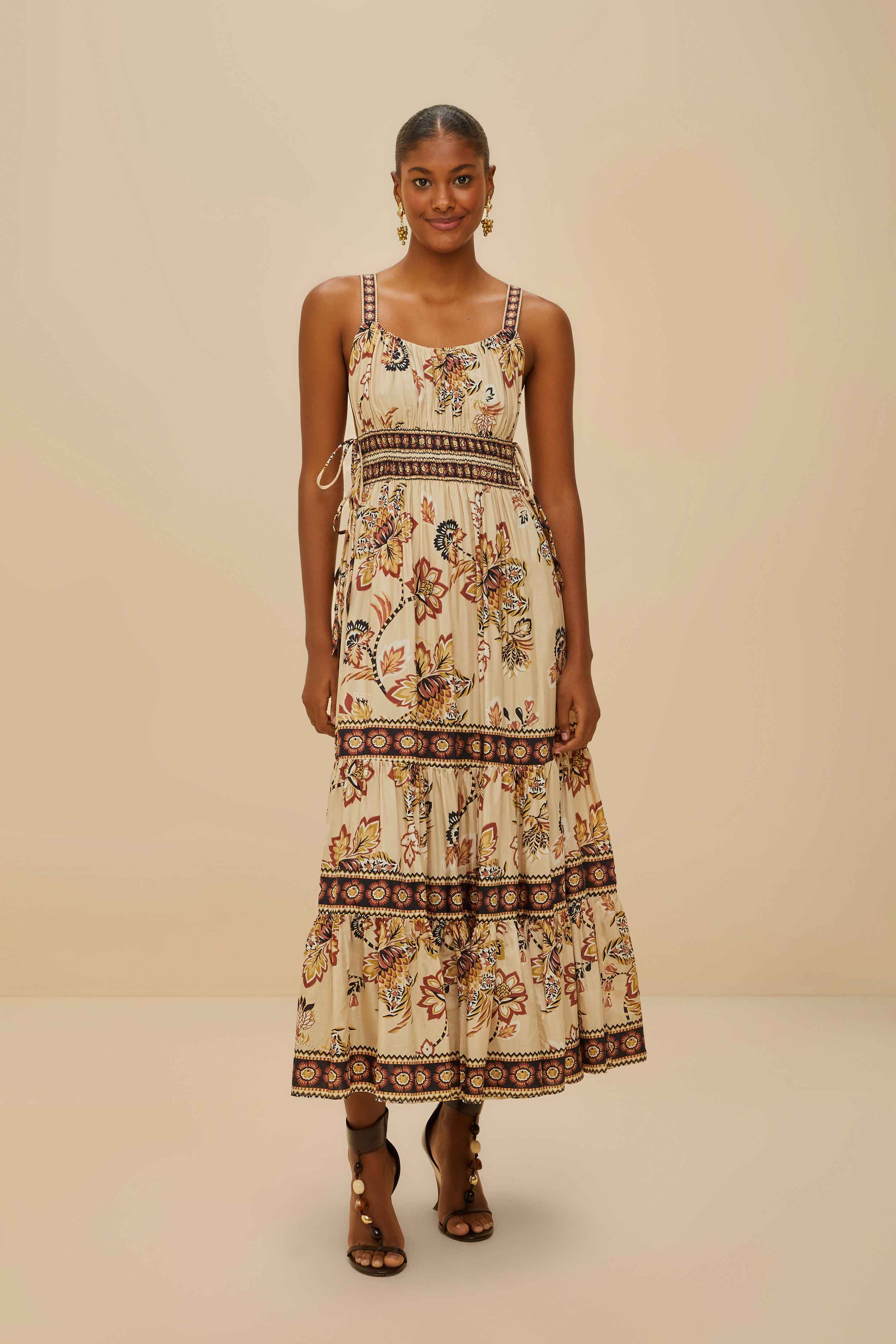 Farm Rio Aura Floral Sand Sleeveless Dress