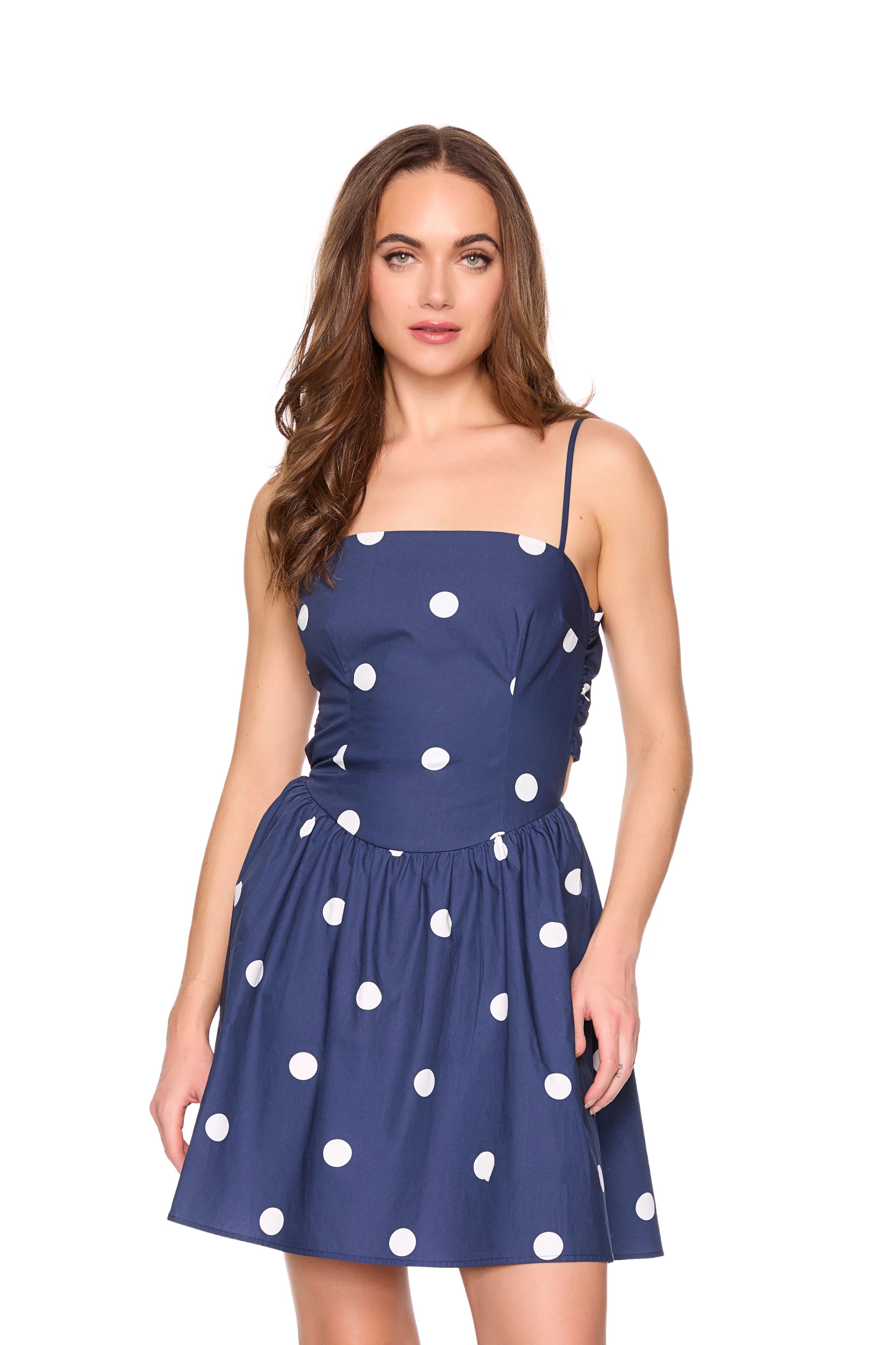 polka dot poplin tie back string dress l / midnight/sugar