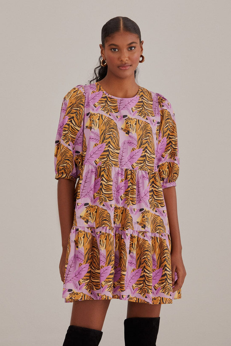 FARM Rio Tiger Leaves Puff Sleeve Mini Dress